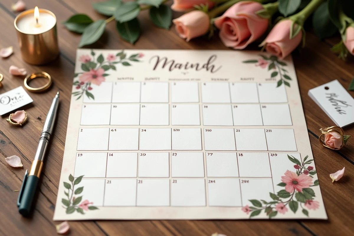 Vue de dessus d'un plateau de jeu de mariage personnalisé avec décoration florale et accessoires dorés sur une table en bois rustique
