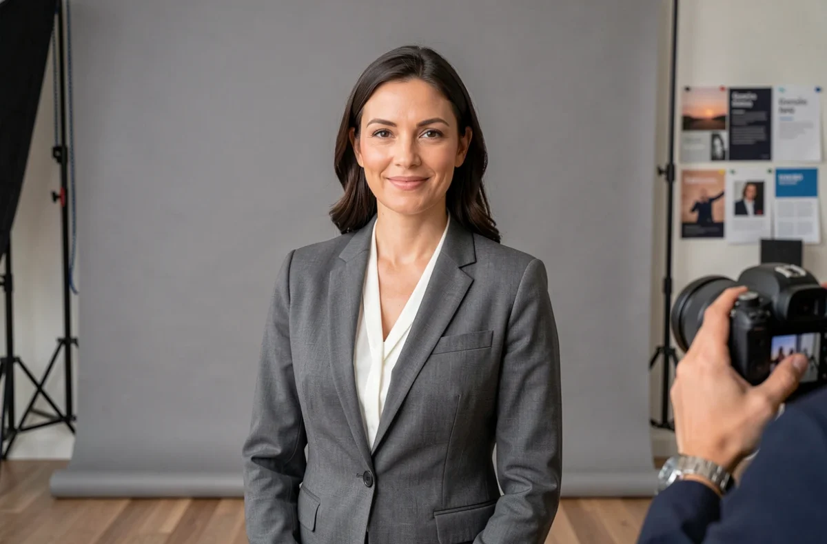 Séance de portrait corporate en studio pour une professionnelle en costume gris dans le cadre d'un shooting d'entreprise à Grenoble