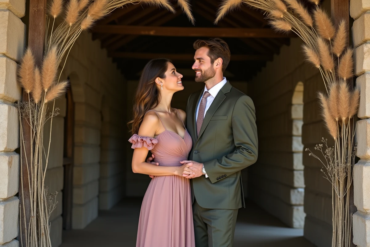 Portrait de couple sous une arche de pampa et eucalyptus dans une grange en pierre restaurée pour une séance photo thème champêtre