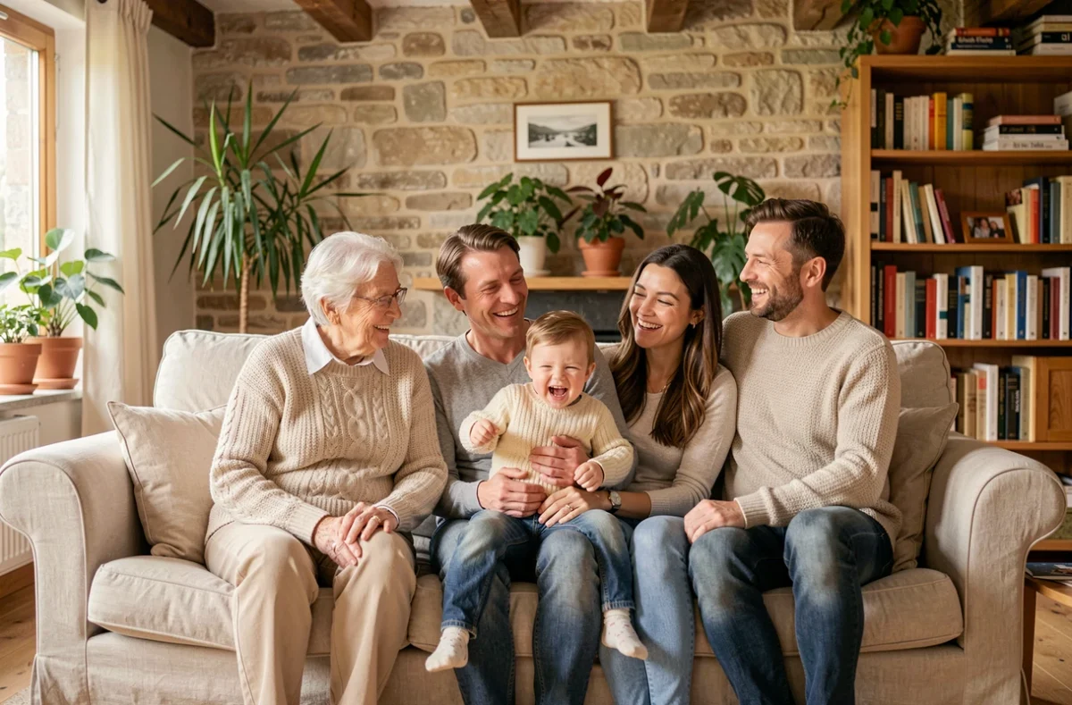 Portrait de famille multigénérationnelle dans un intérieur chaleureux à la décoration rustique française, ambiance authentique et naturelle