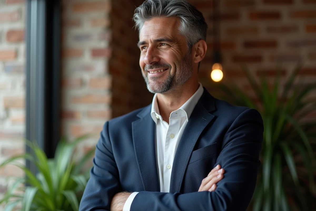 Portrait éditorial d'un homme public souriant discrètement lors d'un événement médiatique