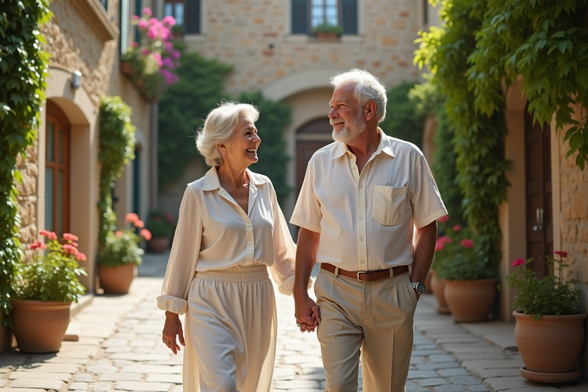 Couple âgé se promenant dans un village européen charmant