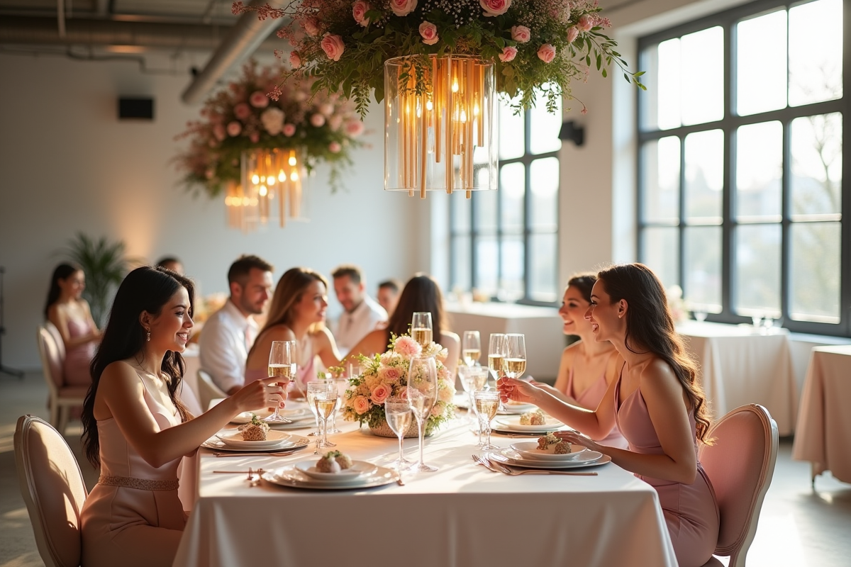 Réception de mariage minimaliste dans un loft urbain avec décoration florale