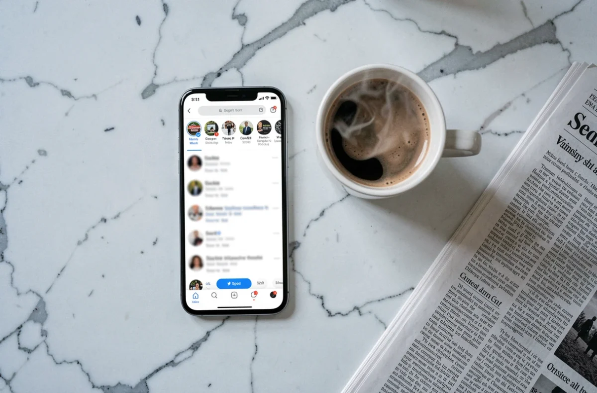 Recherche sur les réseaux sociaux depuis un smartphone posé sur un comptoir, illustrant la vérification d'informations en ligne