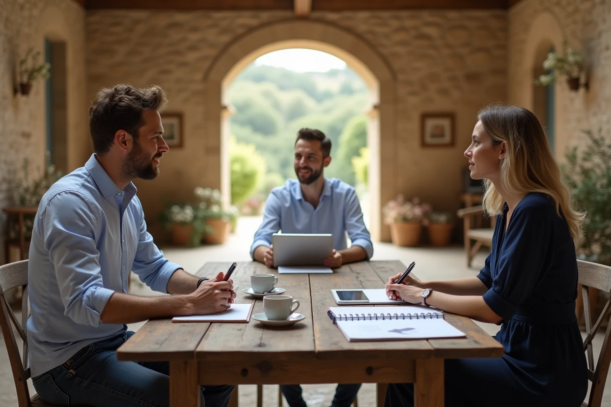 Réunion de planification de mariage entre un couple et une wedding planner dans un lieu champêtre en pierre