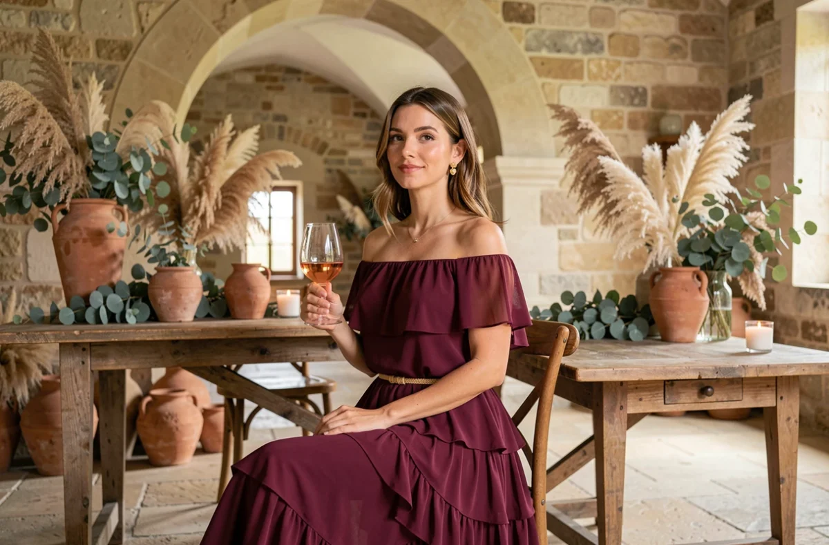 Femme en robe bohème bordeaux longue à épaules dénudées assise dans un château décoré pour un mariage champêtre chic