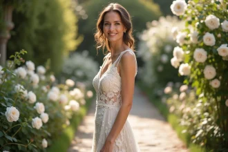 Femme élégante en robe de dentelle ivoire lors d'un mariage en jardin fleuri