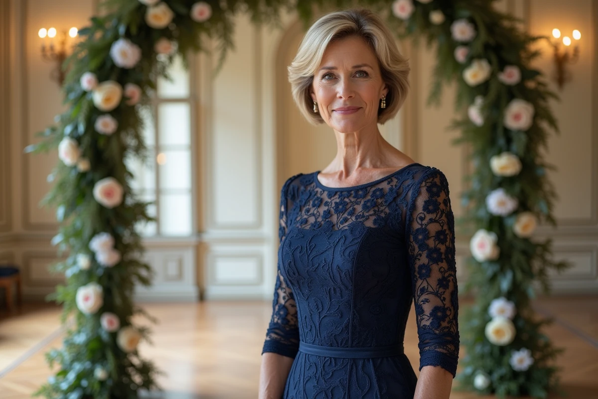 Maman de la mariée en robe de dentelle bleue marine dans un château élégant