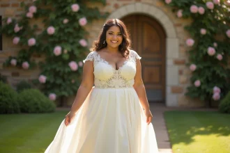 Femme grande taille portant une robe de mariée blanche ivoire en dentelle en forme de A, dans un jardin fleuri romantique