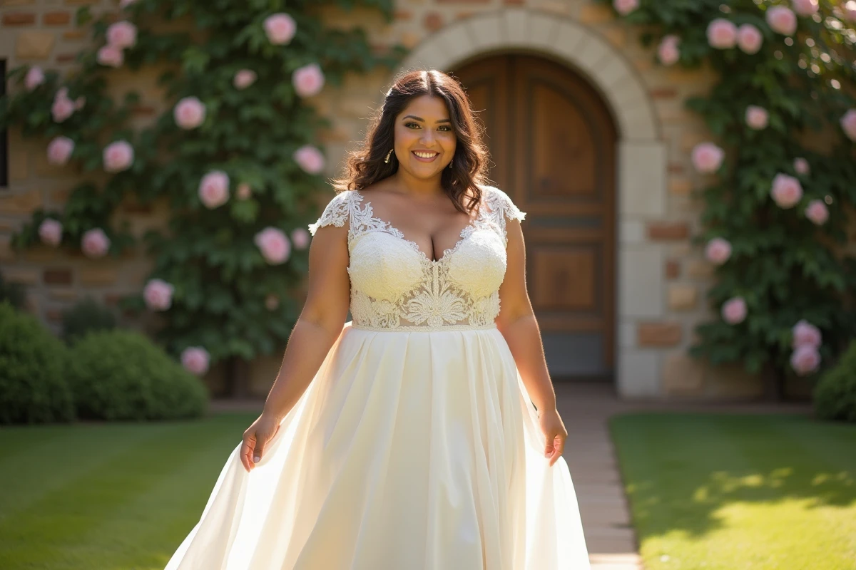 Femme grande taille portant une robe de mariée blanche ivoire en dentelle en forme de A, dans un jardin fleuri romantique