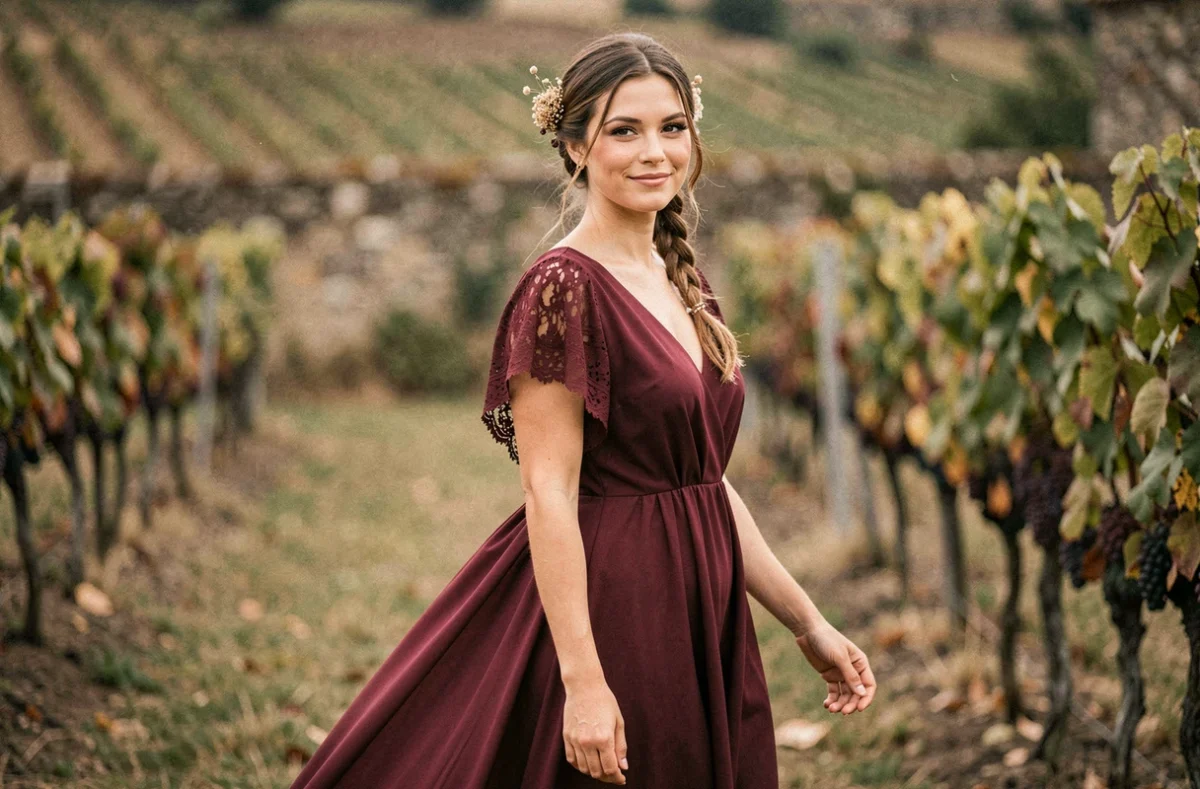 Femme en robe longue bordeaux bohème avec dentelle dans un vignoble français, look ultra féminin pour un mariage en plein air