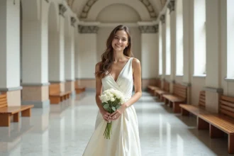Mariée en robe civile chic ivoire à drapé satiné dans le couloir d'une mairie au décor classique, tenant un bouquet de renoncules blanches