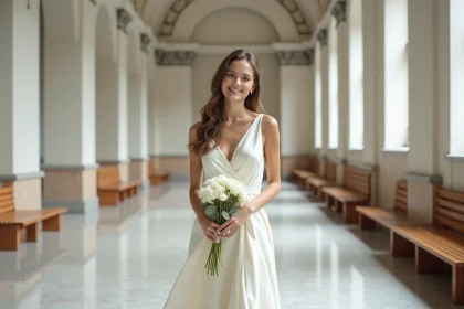 Mariée en robe civile chic ivoire à drapé satiné dans le couloir d'une mairie au décor classique, tenant un bouquet de renoncules blanches