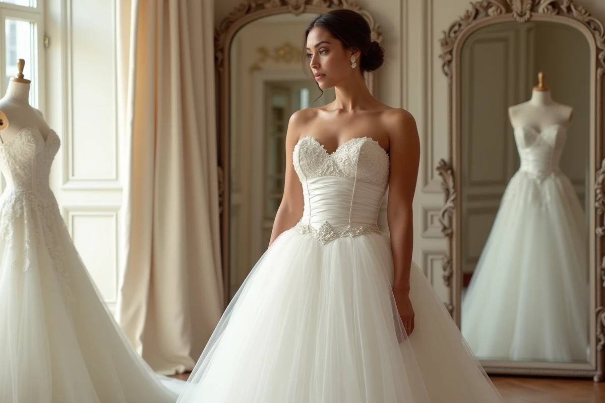 Femme ronde en robe de mariée blanche bustier à jupe en tulle brodée, dans un atelier de couture bridal élégant