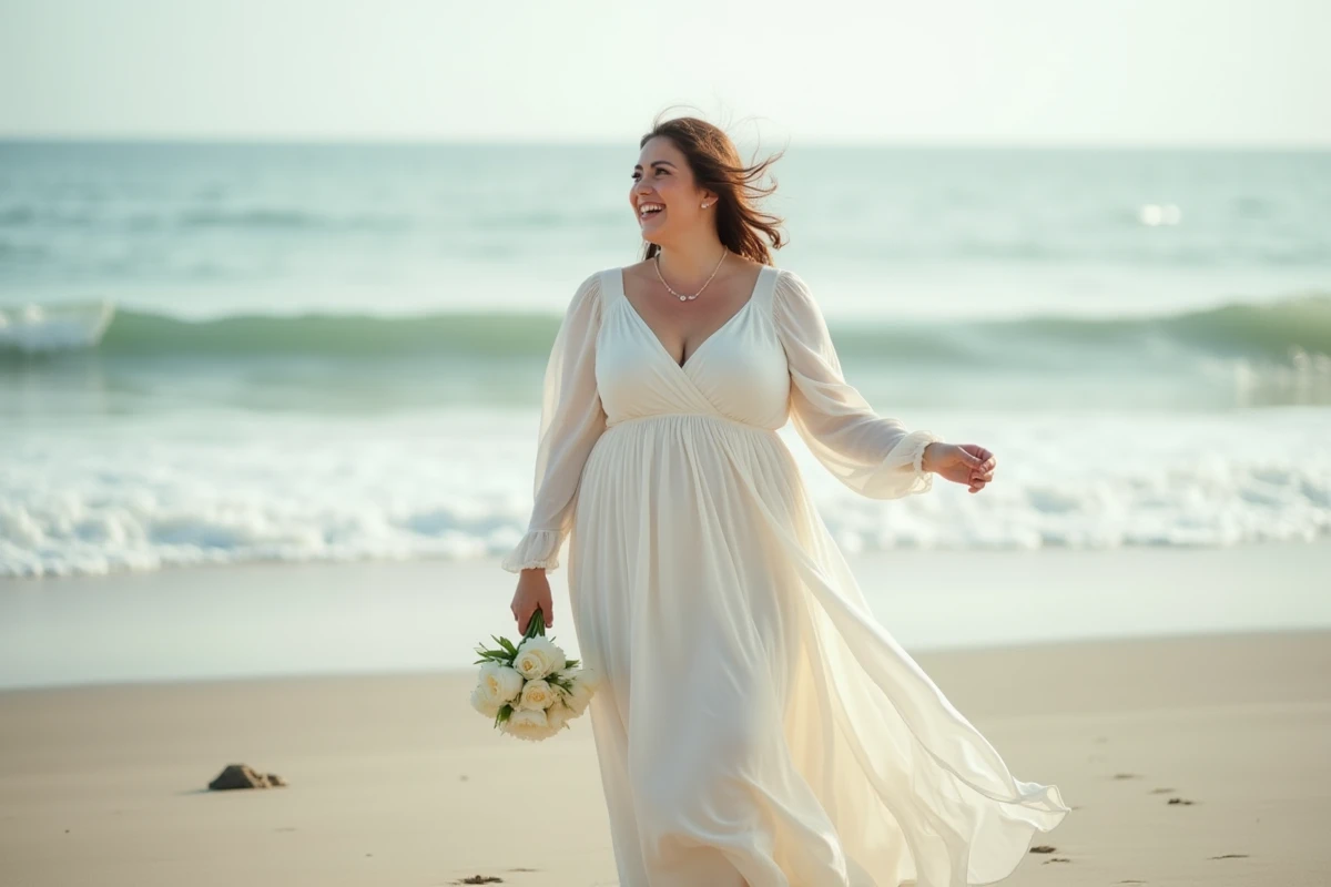 Mariée grande taille en robe de mariée blanche en mousseline à manches longues sur une plage au bord de la mer