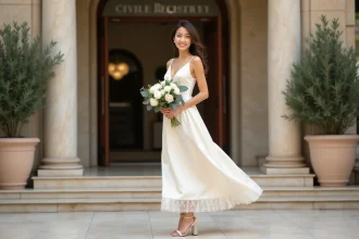 Mariée civile souriante en robe satin ivoire midi devant la mairie, tenant un bouquet de roses blanches