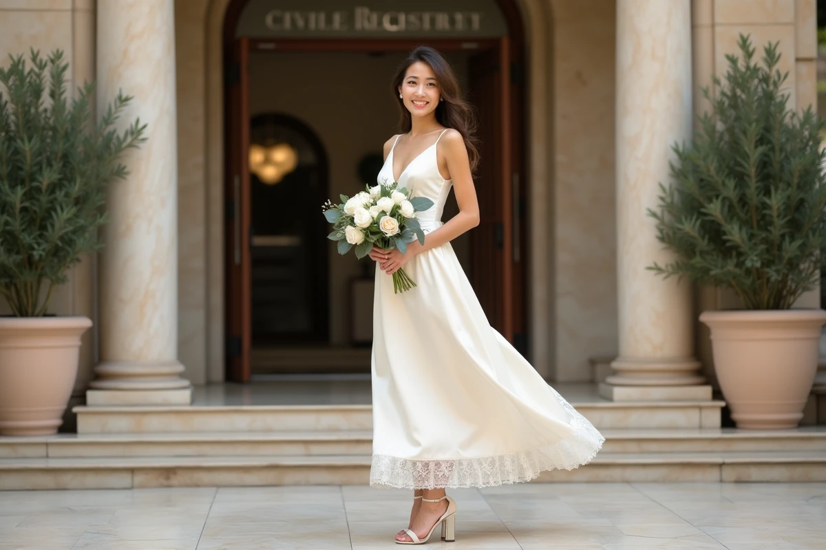 Mariée civile souriante en robe satin ivoire midi devant la mairie, tenant un bouquet de roses blanches