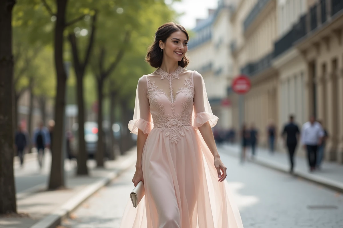 Mariée élégante en robe blush A-line marchant dans une avenue parisienne pour une cérémonie civile chic