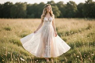 Mariée en robe bohème avec couronne florale dans une prairie sauvage en plein air