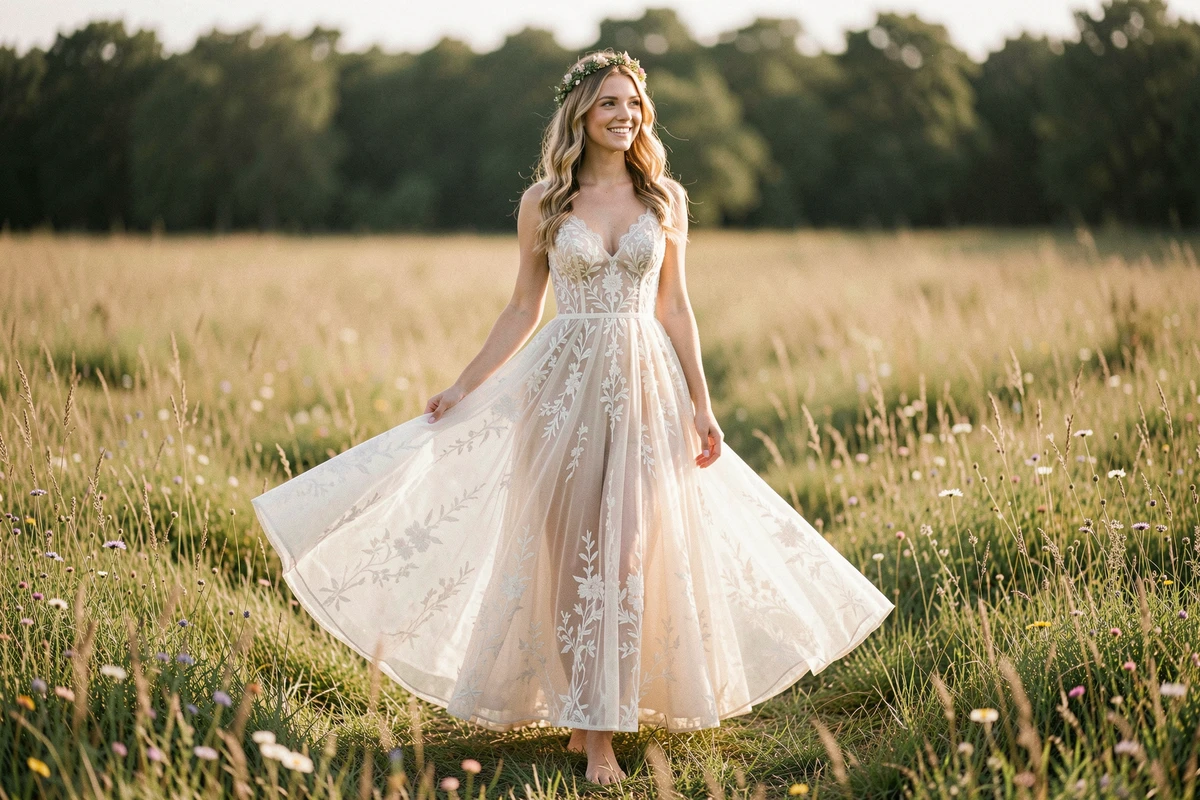 Mariée en robe bohème avec couronne florale dans une prairie sauvage en plein air