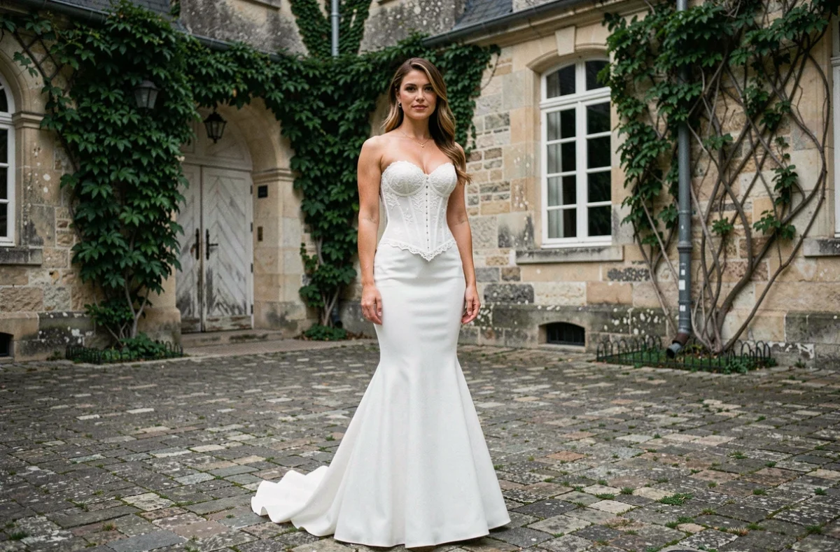 Mariée en robe bustier corset et silhouette sirène dans une cour de château français, portrait en pied en plein air