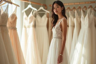 Jeune mariée essayant une robe de mariée en dentelle ivoire dans une boutique de mariage élégante