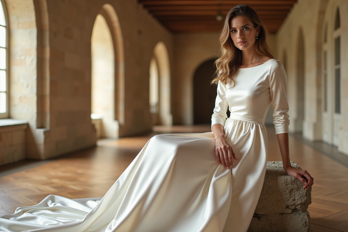 Femme portant une robe de mariée simple à manches trois-quarts en satin, assise dans un couloir de château aux murs en pierre