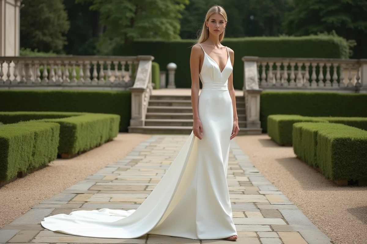 Mariée en robe minimaliste en crêpe avec traîne dans le jardin d'un château français