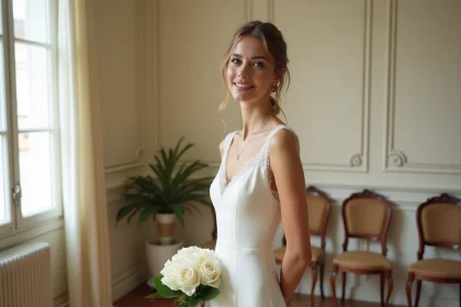 Jeune mariée en robe blanche midi élégante et abordable dans une mairie au style parisien, tenant un bouquet de roses blanches