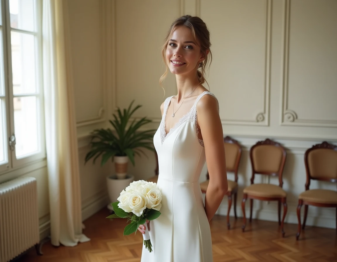Jeune mariée en robe blanche midi élégante et abordable dans une mairie au style parisien, tenant un bouquet de roses blanches