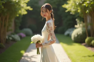 Mariée en robe longue simple à manches longues en crêpe ivoire, debout dans un jardin fleuri avec bouquet de pivoines blanches