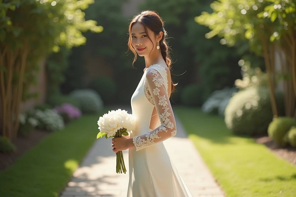 Mariée en robe longue simple à manches longues en crêpe ivoire, debout dans un jardin fleuri avec bouquet de pivoines blanches