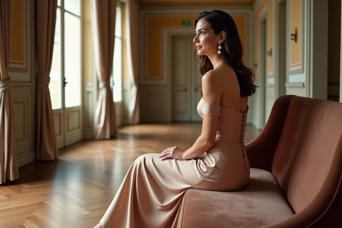 Femme élégante en robe de soirée champagne assise dans une salle de mariage civile avec parquet en bois et moulures dorées