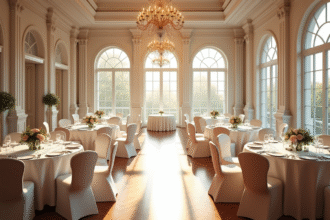 Salle de mariage élégante avec tables rondes lumineuses