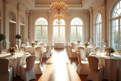 Salle de mariage élégante avec tables rondes lumineuses