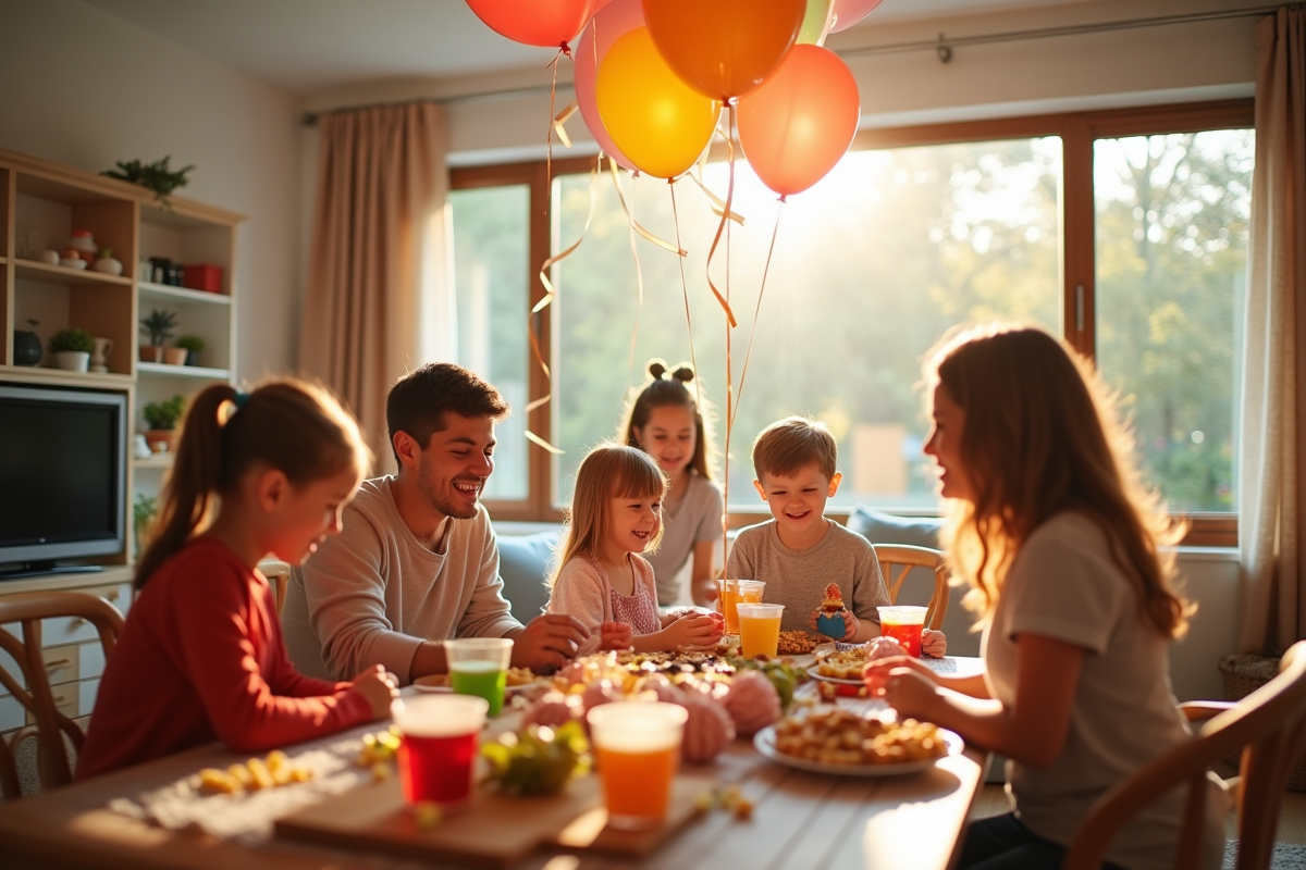 Salon décoré pour une fête avec enfants et parents