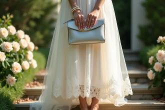 Mariée en robe ivoire avec sandales argentées à brides et pochette argentée dans un jardin fleuri