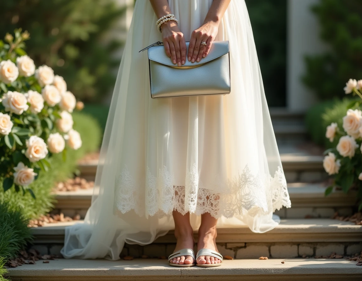 Mariée en robe ivoire avec sandales argentées à brides et pochette argentée dans un jardin fleuri