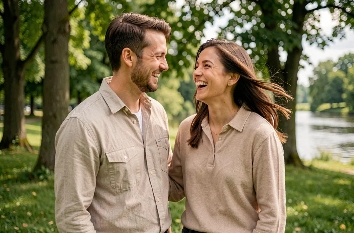 Séance photo de couple en extérieur dans un parc verdoyant près de Saint-Dizier, sourires naturels et ambiance détendue