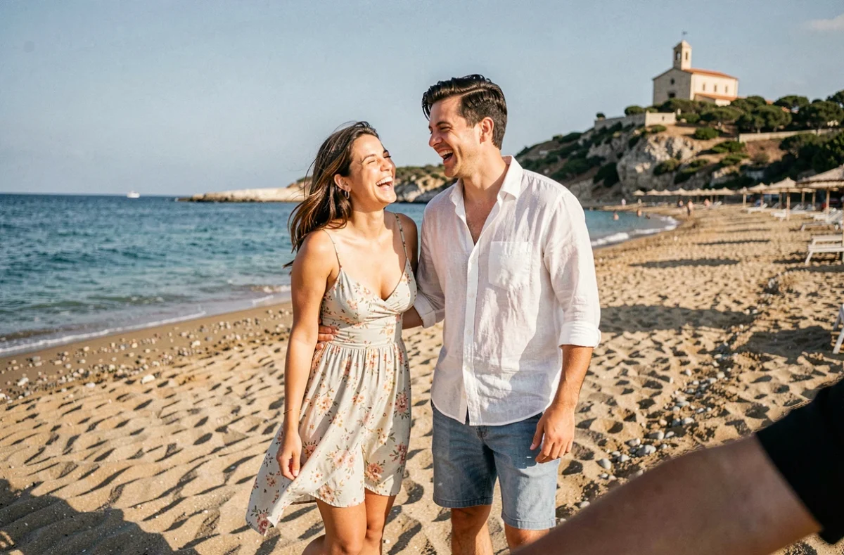 Couple photographié en séance photo sur la plage de Sanary-sur-Mer avec vue sur la baie