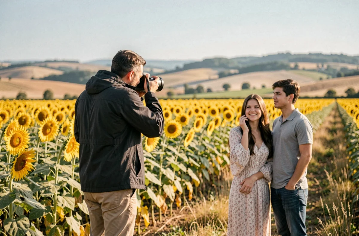Séance photo de couple dans un champ de tournesols près de Lavaur dans le Tarn