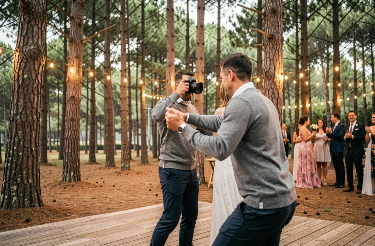 Sébastien Maupas Photography capturant des mariés dansant en plein air dans une clairière de forêt de pins près de Royan