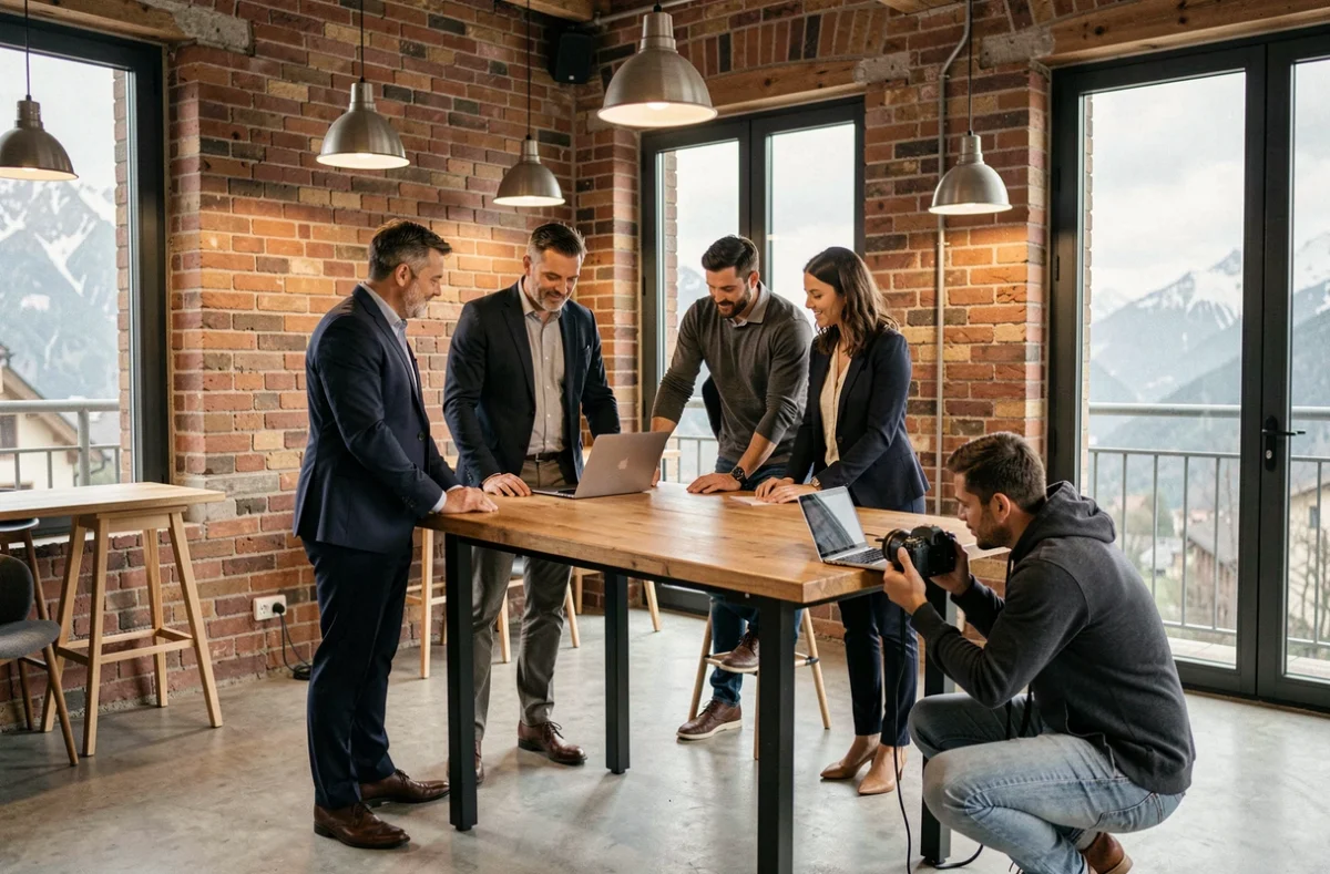 Équipe professionnelle photographiée lors d'un shooting corporate en espace de coworking à Grenoble avec vue sur les Alpes