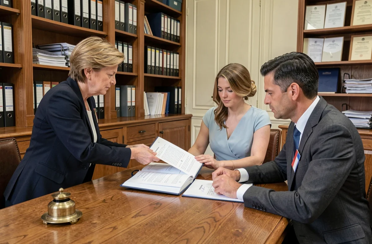 Officier d'état civil présentant le registre de mariage à signer à un couple dans un bureau de mairie