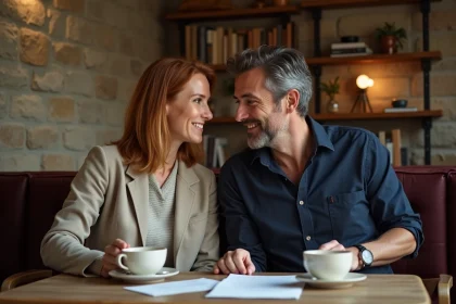 Couple discutant dans un café parisien rustique, illustrant l'équilibre entre vie publique et vie de couple pour Sophie Jovillard et son mari
