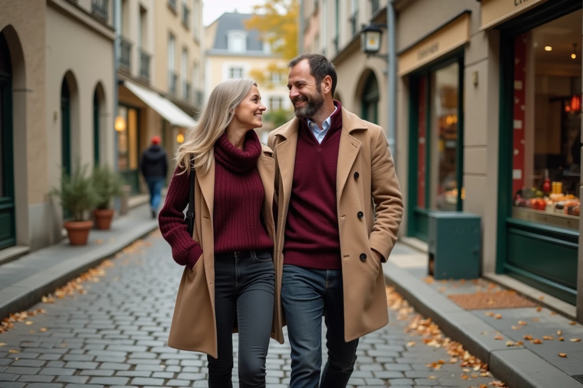 Couple se promenant et riant dans une rue pavée d'une ville française en automne, évoquant l'intimité et la complicité du mariage de Sophie Jovillard avec son mari