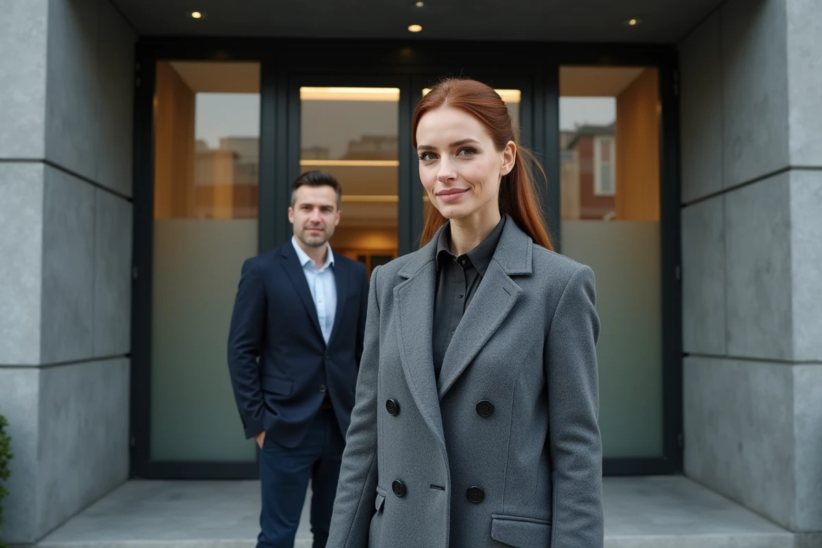 Femme et son partenaire devant un studio de télévision moderne, symbolisant la double vie professionnelle et personnelle d'une personnalité publique comme Sophie Jovillard