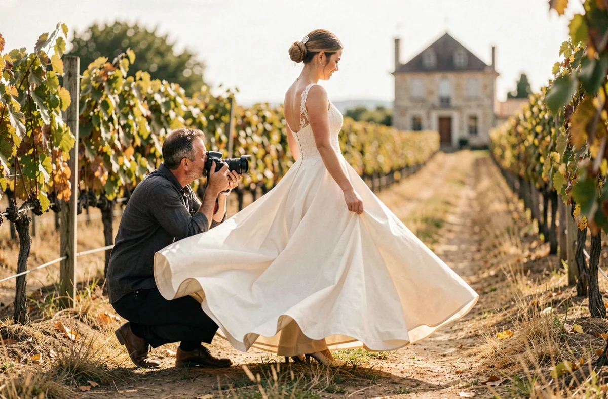 Photographe Stéphane Amelinck capturant une mariée dans les vignes de Charente-Maritime lors d'une séance photo de mariage