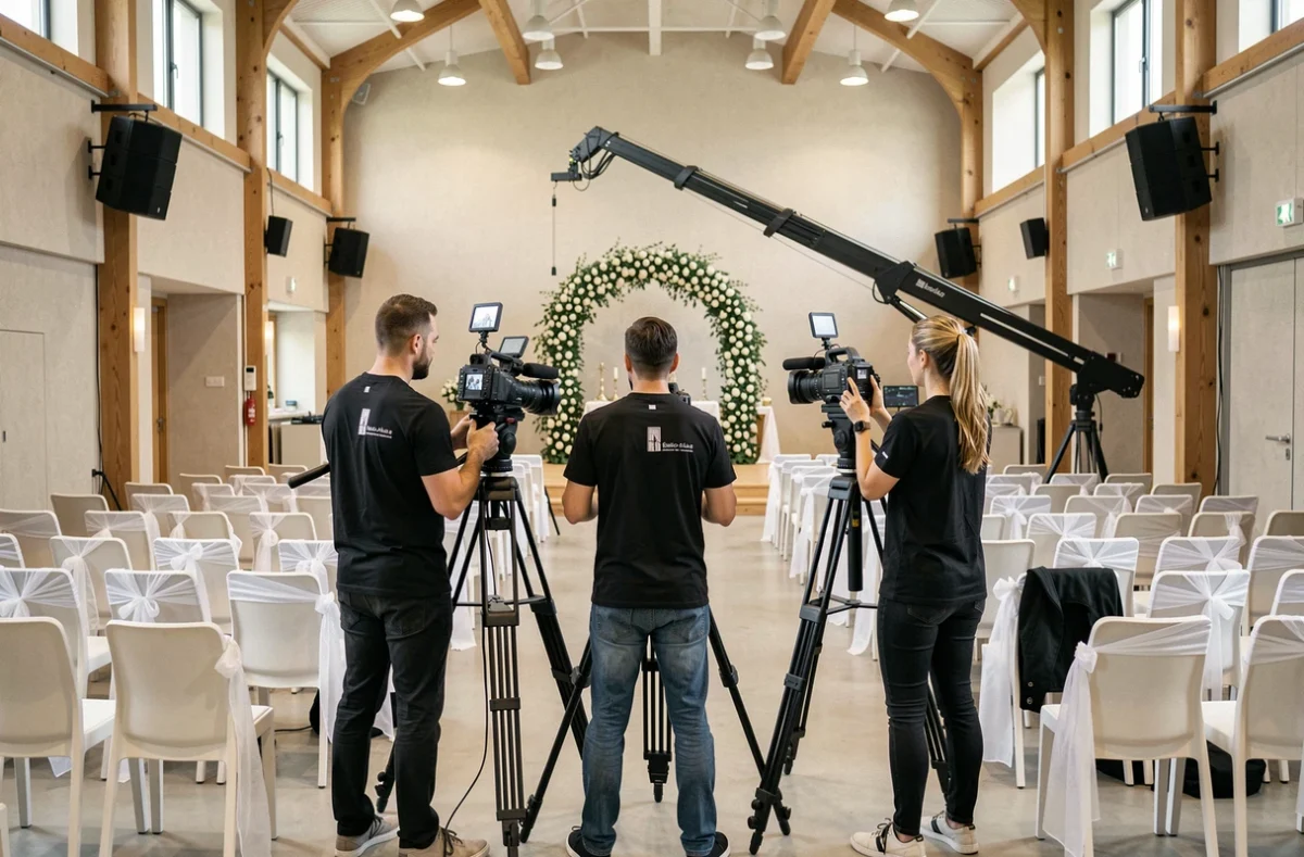 Équipe de captation vidéo événementielle déployant du matériel pour un mariage en Nouvelle-Aquitaine