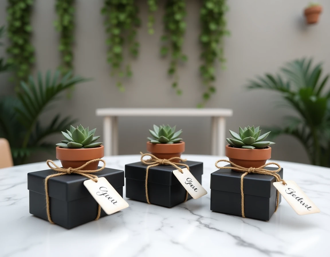 Table cadeaux pour témoins de mariage avec boîtes noires personnalisées, plantes succulentes et étiquettes calligraphiées dans un cadre outdoor minimaliste